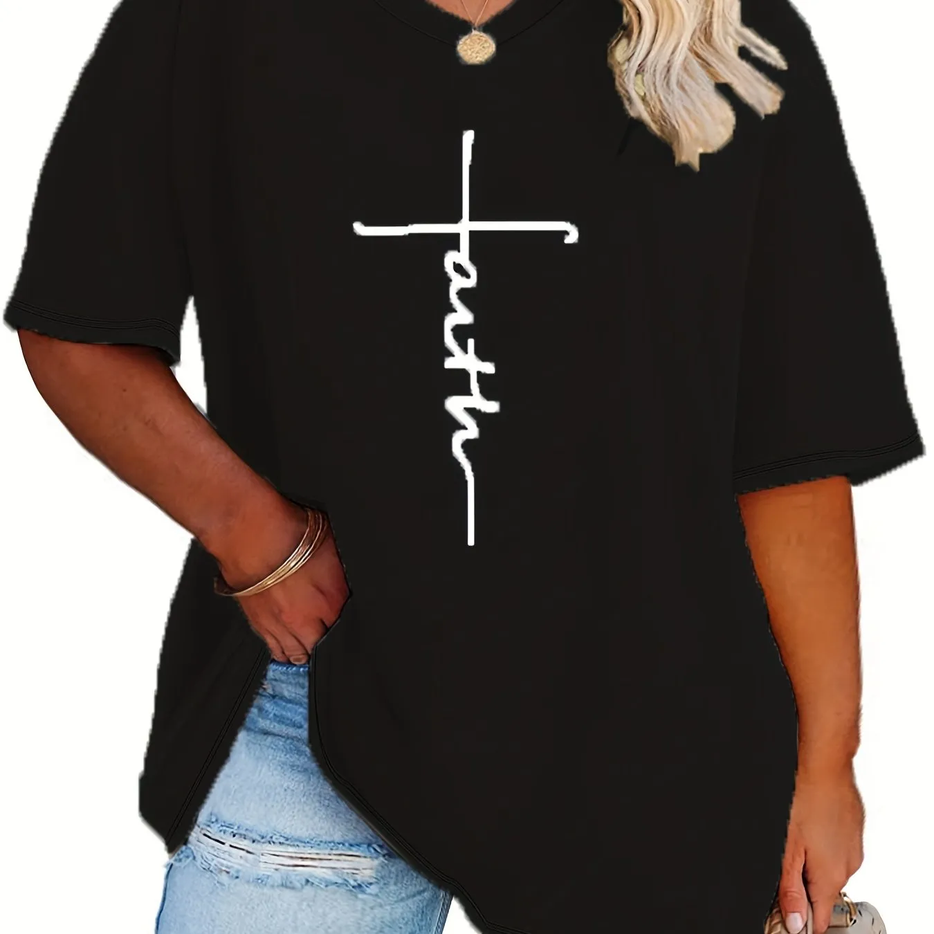 Womens Plus Size V Neck Letter Print Tshirt