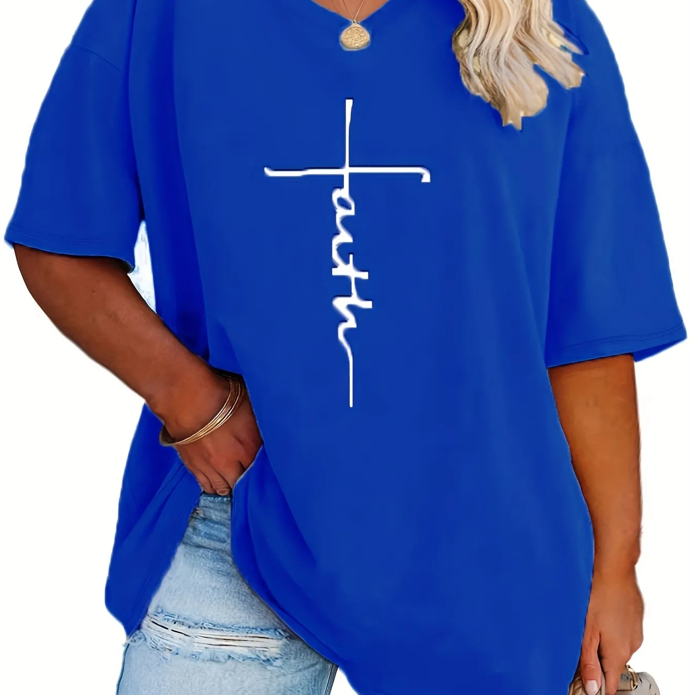 Womens Plus Size V Neck Letter Print Tshirt