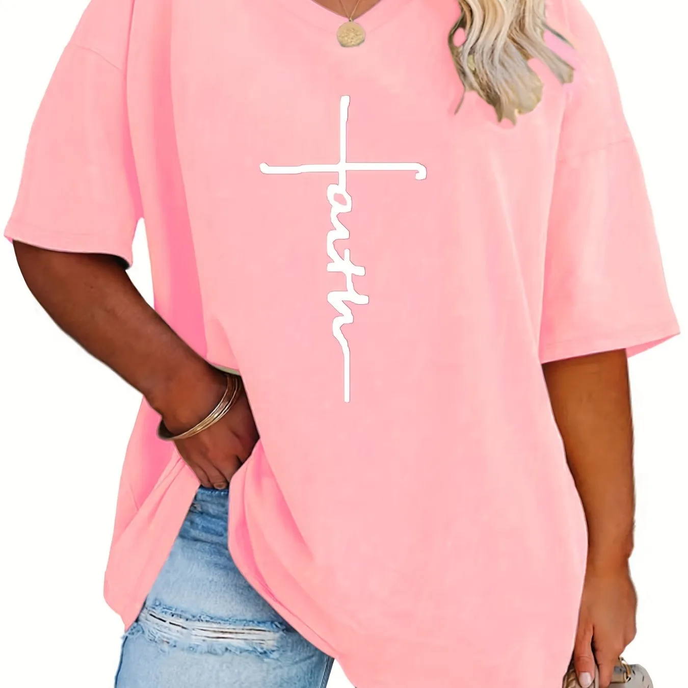 Womens Plus Size V Neck Letter Print Tshirt