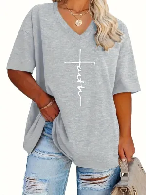 Womens Plus Size V Neck Letter Print Tshirt