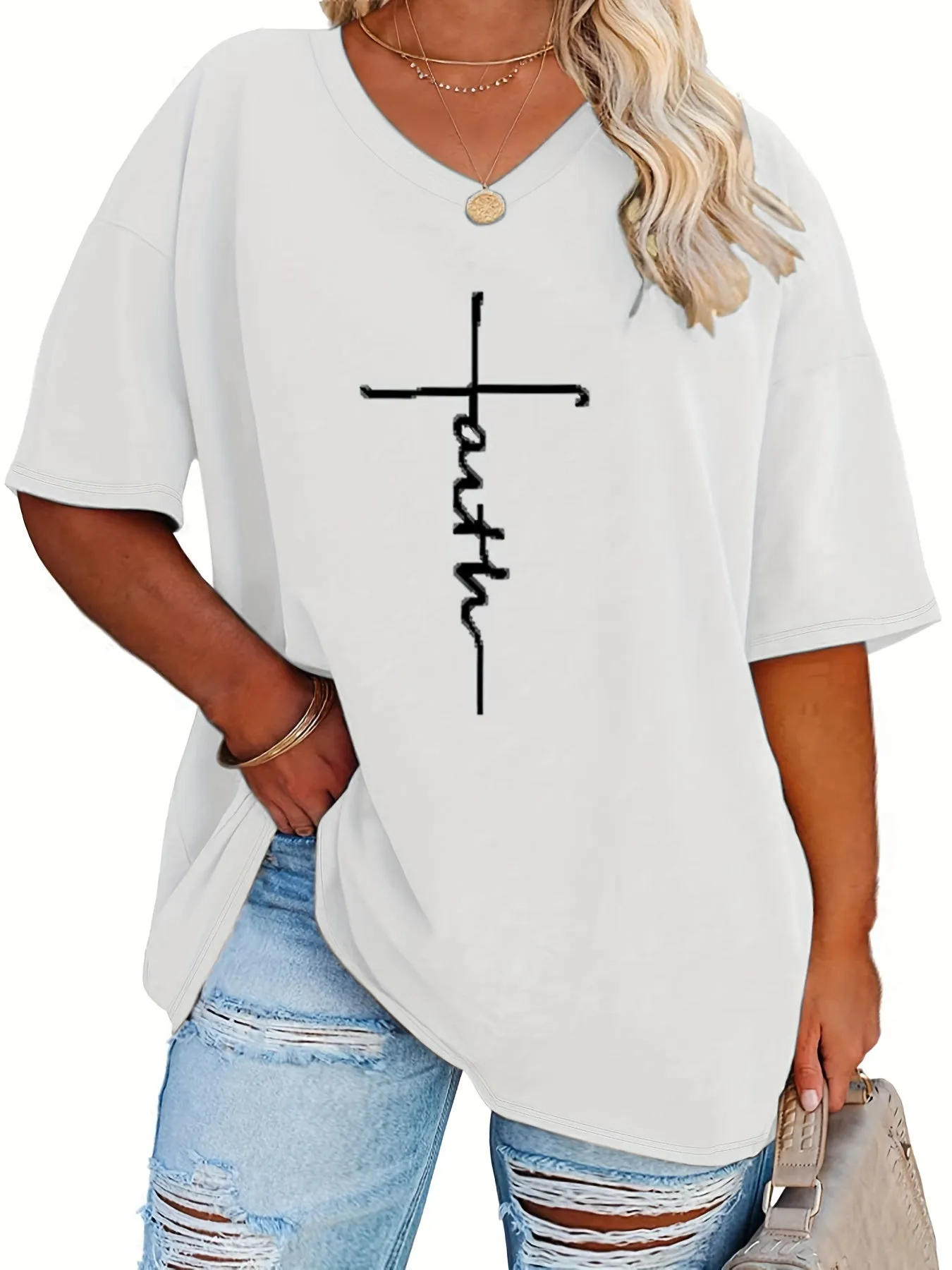 Womens Plus Size V Neck Letter Print Tshirt