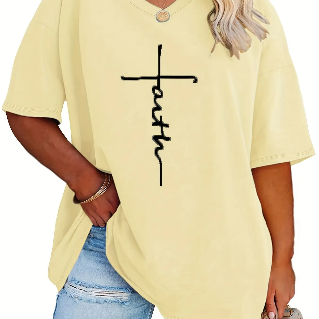Womens Plus Size V Neck Letter Print Tshirt
