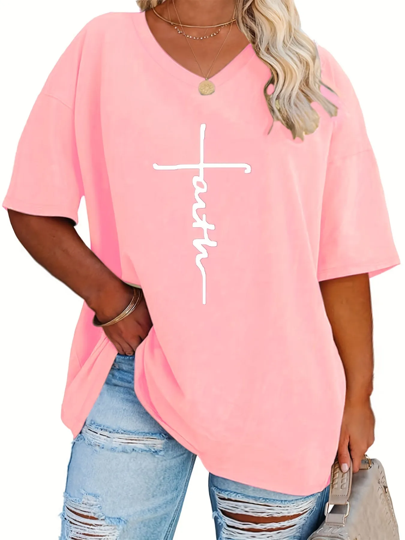 Womens Plus Size V Neck Letter Print Tshirt