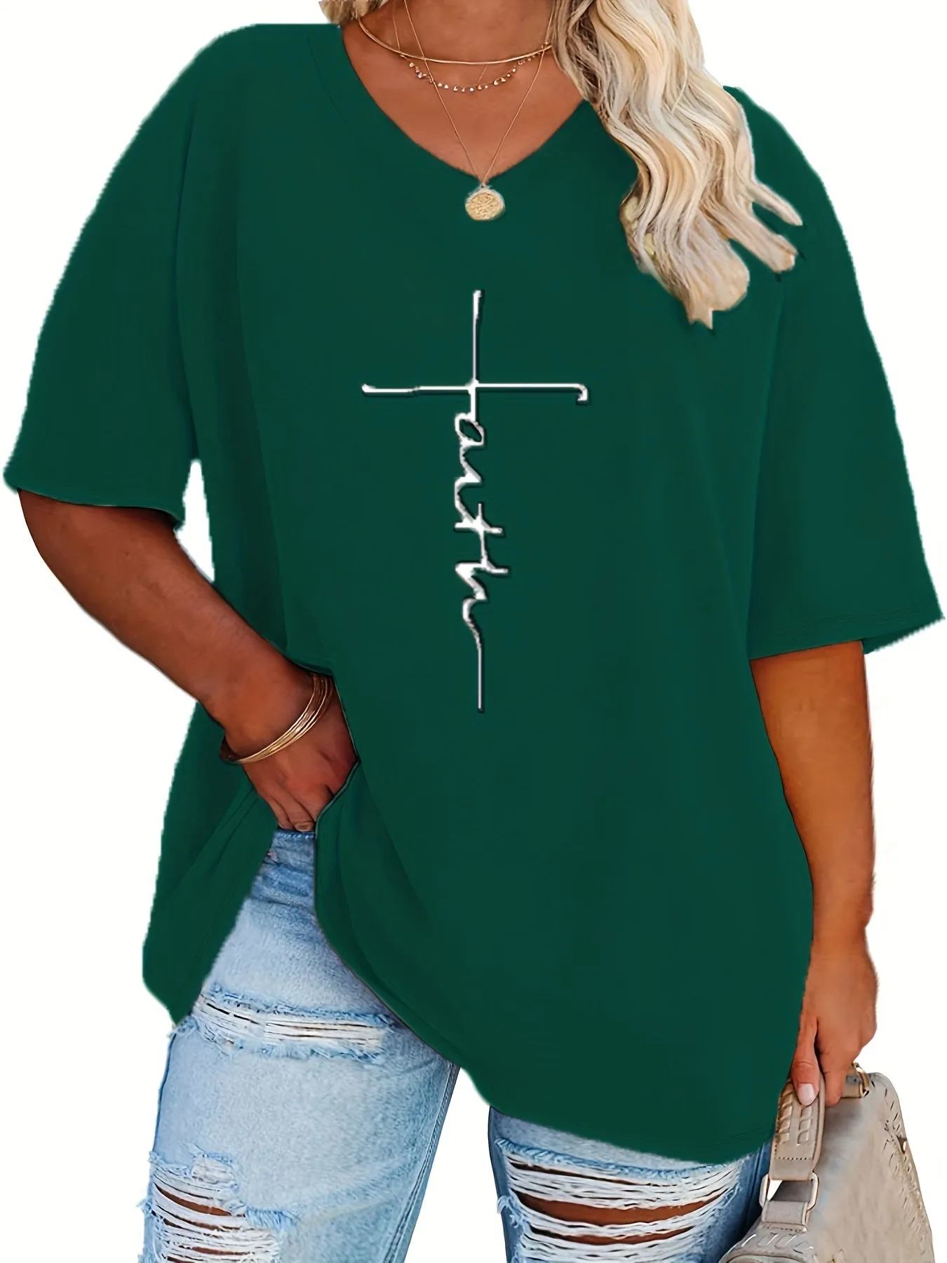 Womens Plus Size V Neck Letter Print Tshirt
