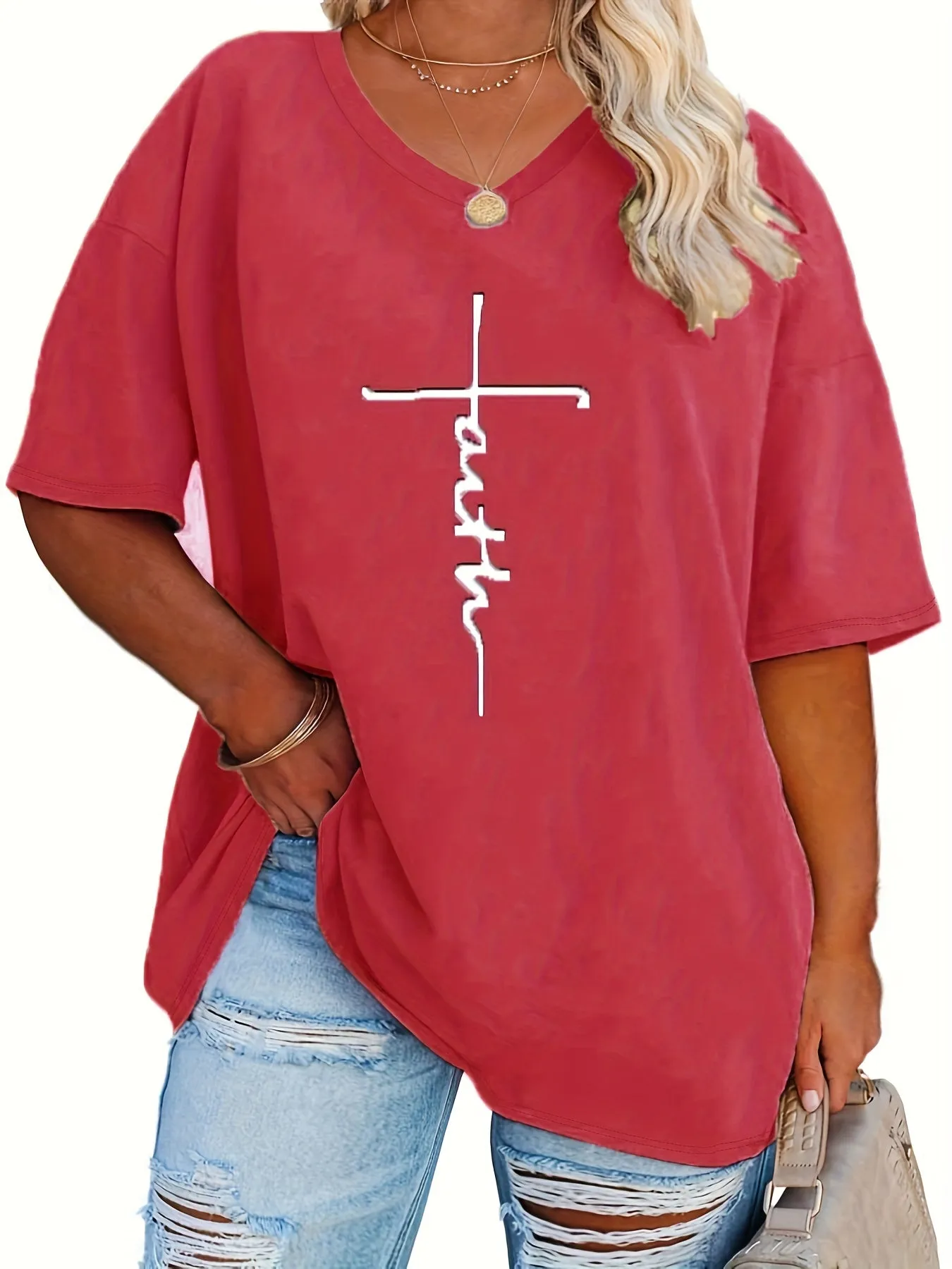 Womens Plus Size V Neck Letter Print Tshirt