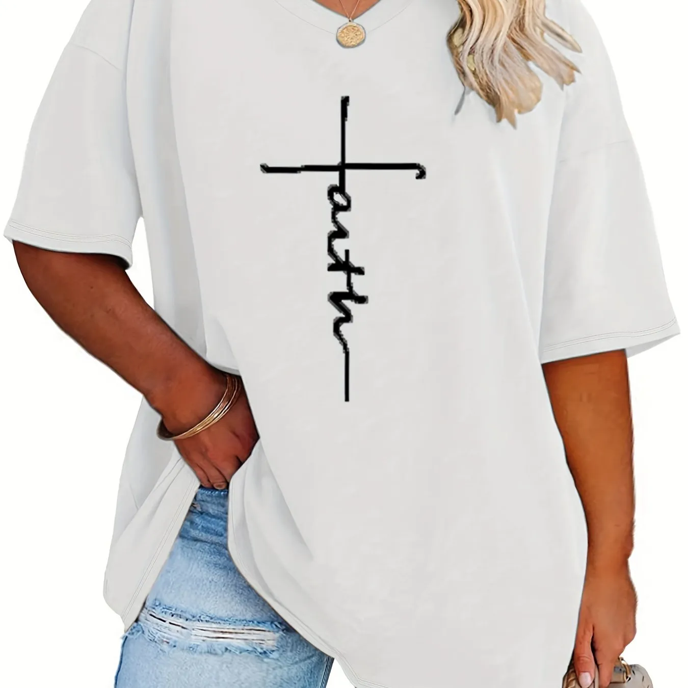 Womens Plus Size V Neck Letter Print Tshirt