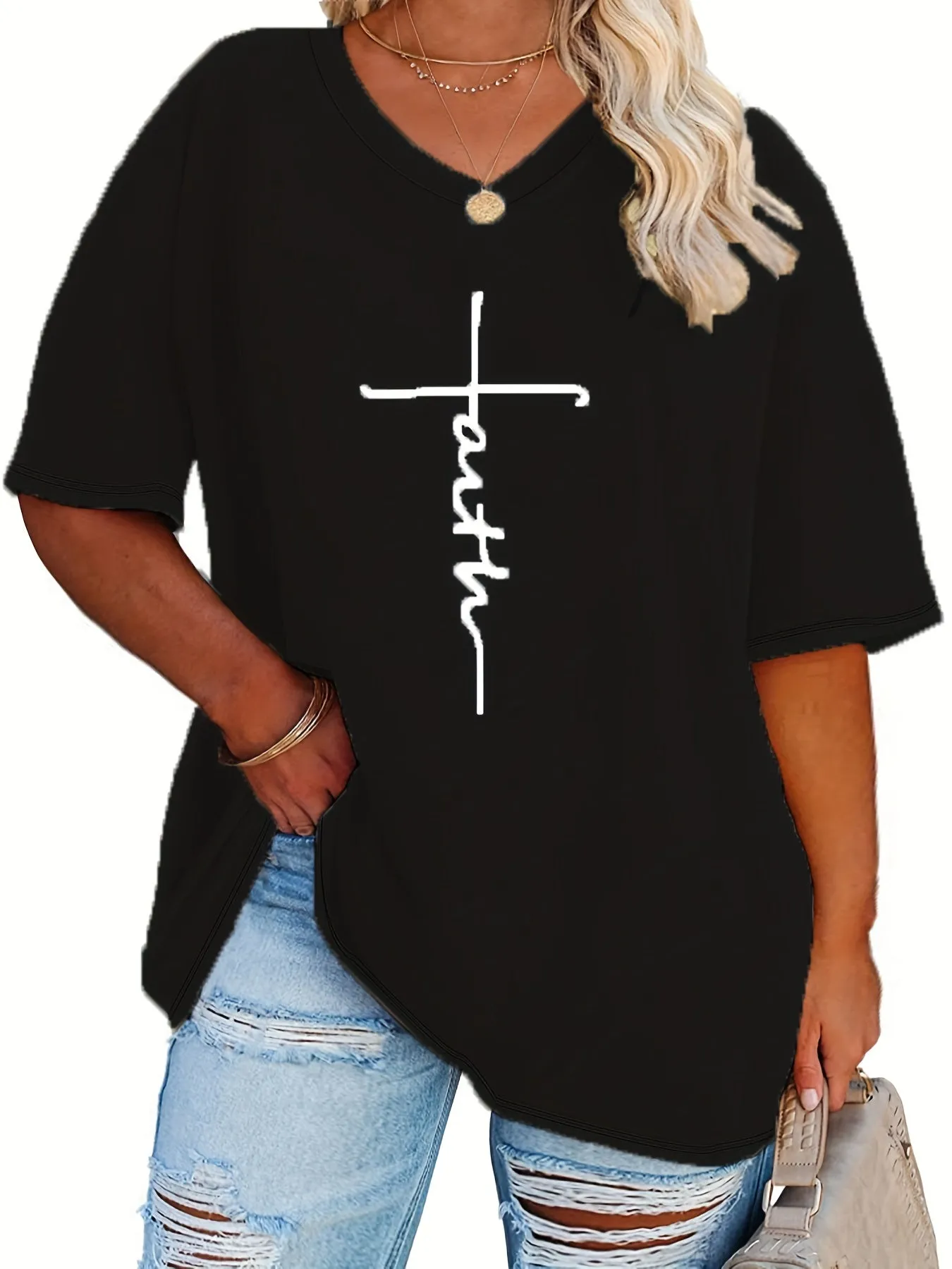 Womens Plus Size V Neck Letter Print Tshirt