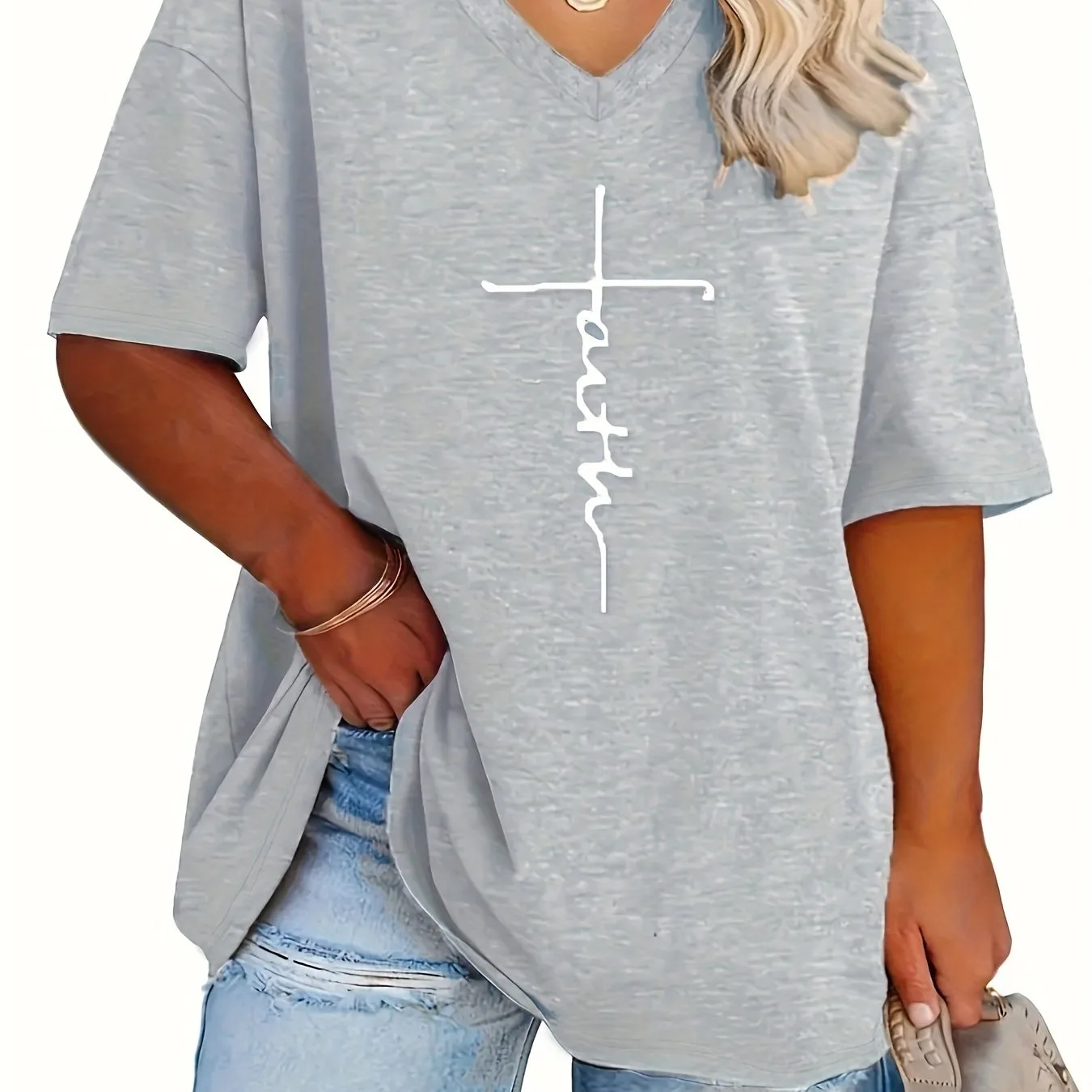 Womens Plus Size V Neck Letter Print Tshirt