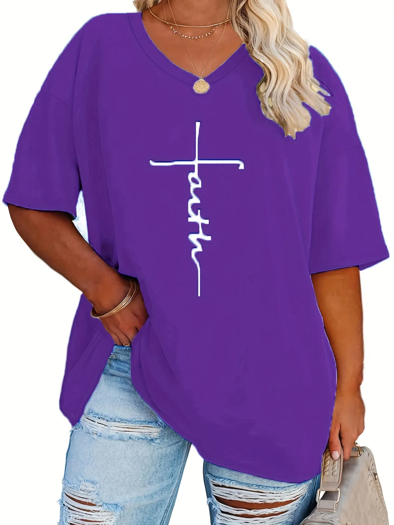 Womens Plus Size V Neck Letter Print Tshirt