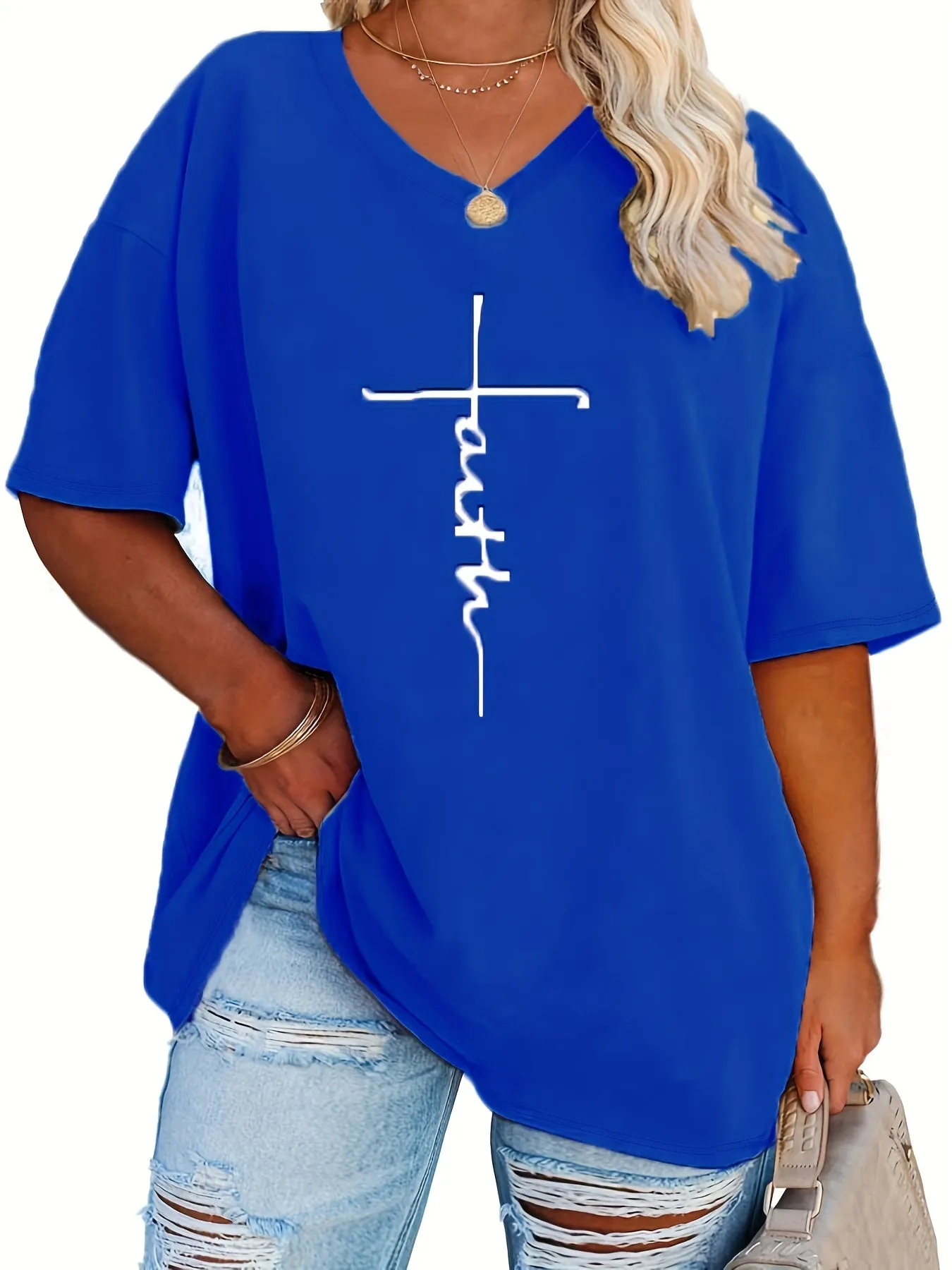 Womens Plus Size V Neck Letter Print Tshirt