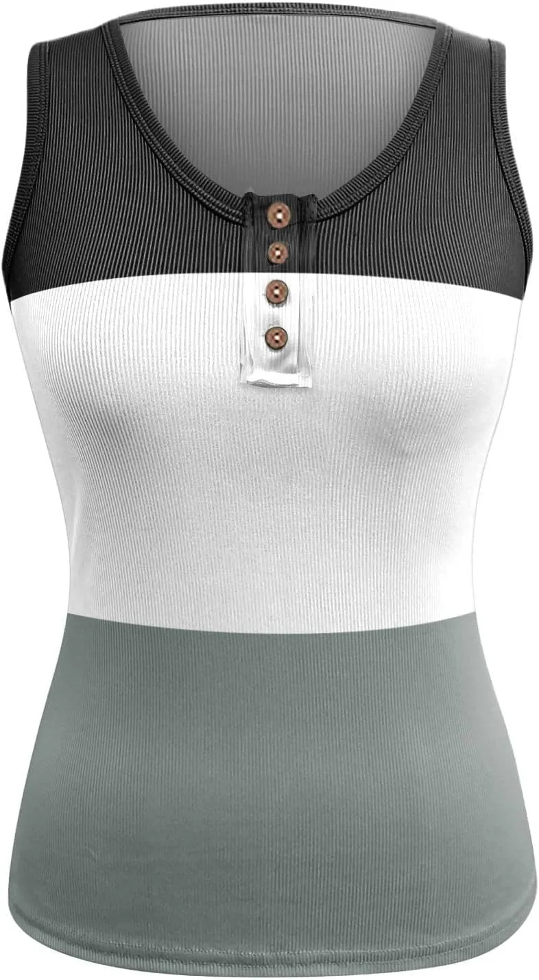 Womens Sleeveless Henley Tank Tops Ribbed Knit Scoop Neck Button Up T Shirts Summer Ombre Slim Fit Tee Tops Stretch