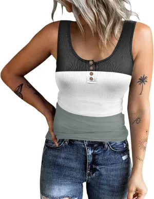 Womens Sleeveless Henley Tank Tops Ribbed Knit Scoop Neck Button Up T Shirts Summer Ombre Slim Fit Tee Tops Stretch